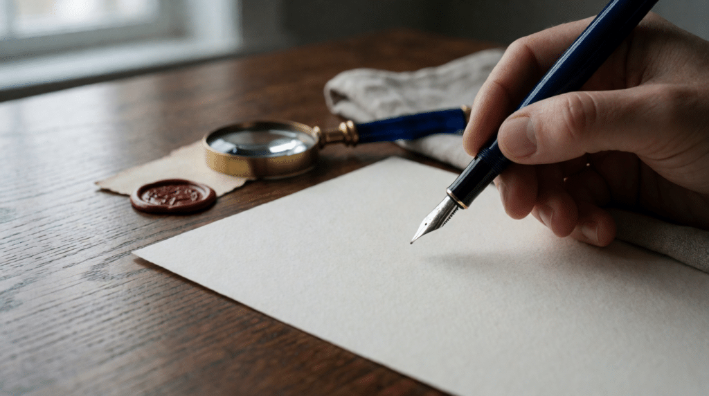 Hand with fountain pen over blank paper beside a wax seal and magnifier