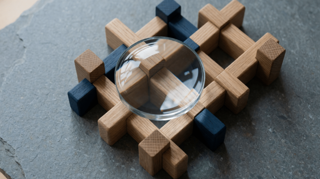 Magnifying glass over a network of wooden blocks on a stone surface