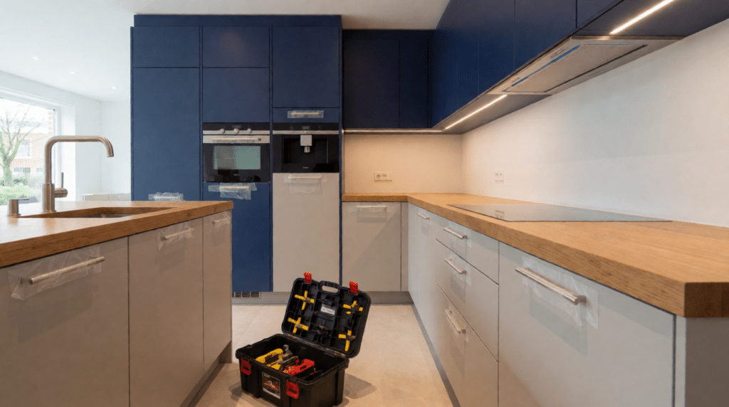 New kitchen with protective film and an open toolbox