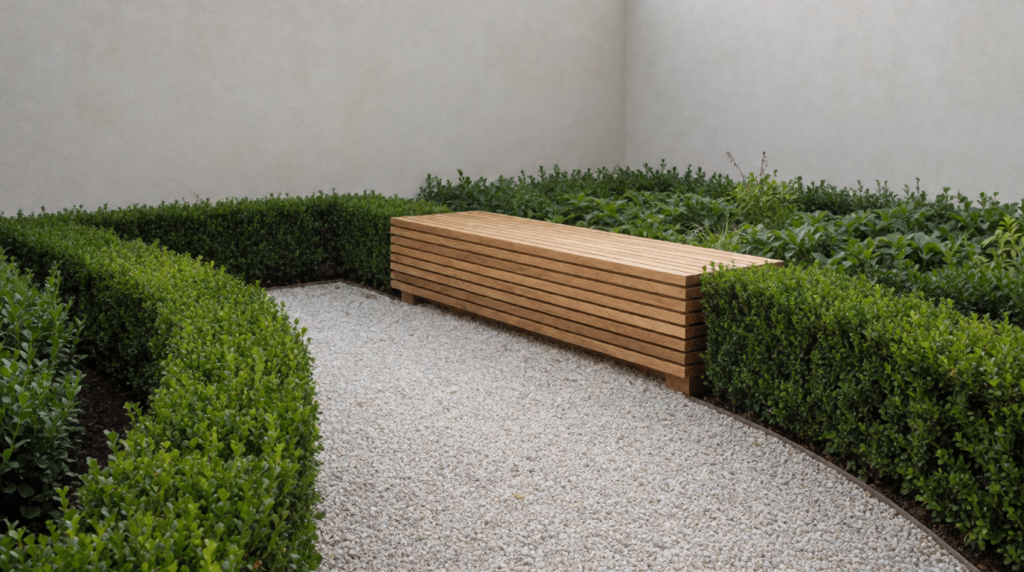 Quiet walled courtyard garden with a wooden bench and clipped hedges