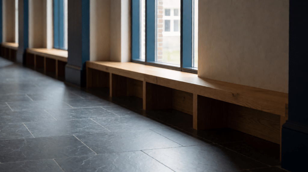 An empty wooden bench in a quiet courthouse corridor with tall windows and soft daylight.