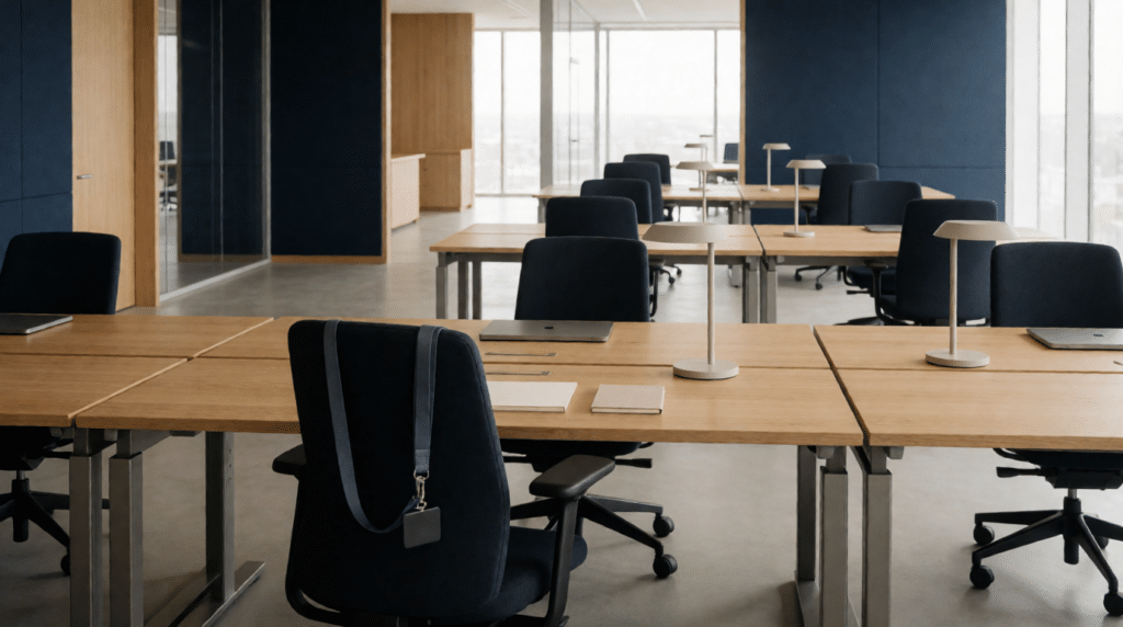 Open-plan office seen from above with neat rows of workstations