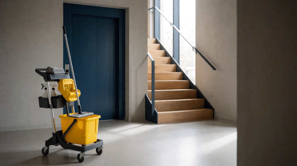 Clean apartment building stairwell with a cleaning trolley