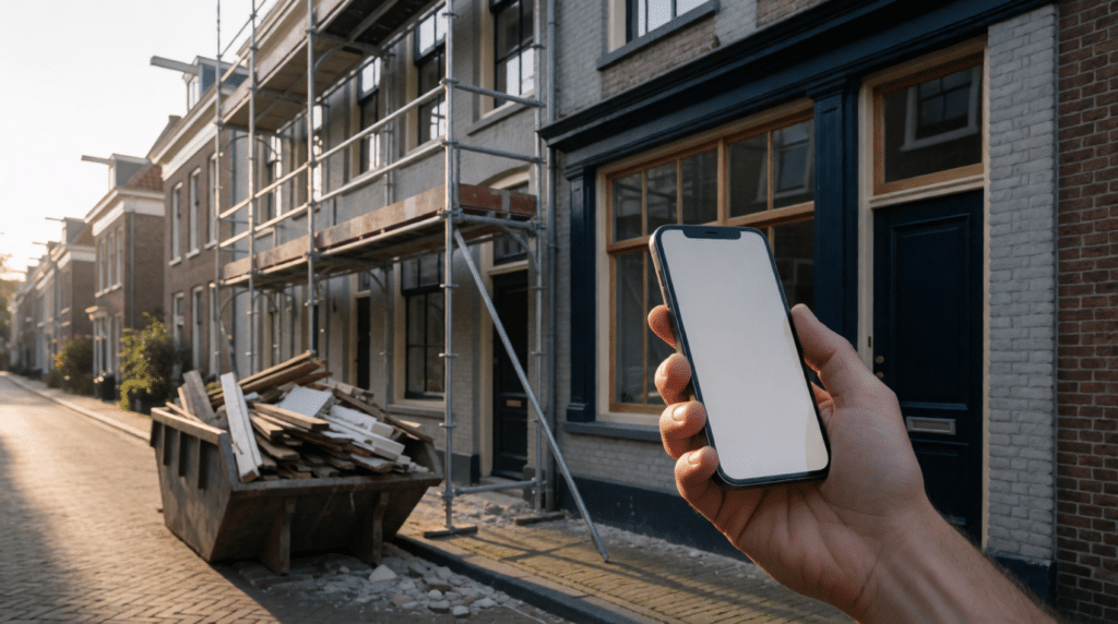 House facade with scaffolding and a skip, a hand photographing it with a phone