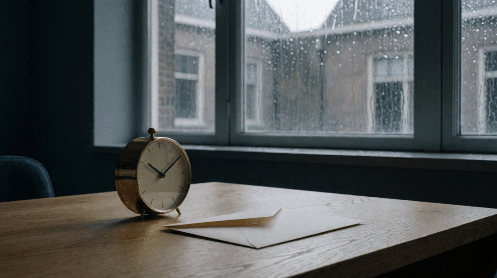 Alarm clock and an unopened envelope on a wooden desk by a rainy window