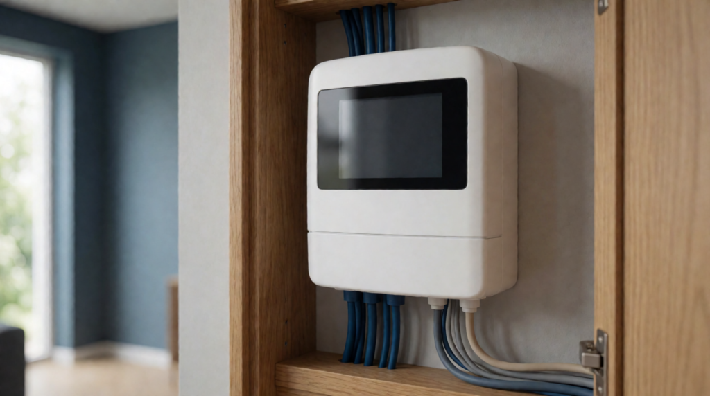 White smart meter in a meter cupboard with cables, close-up