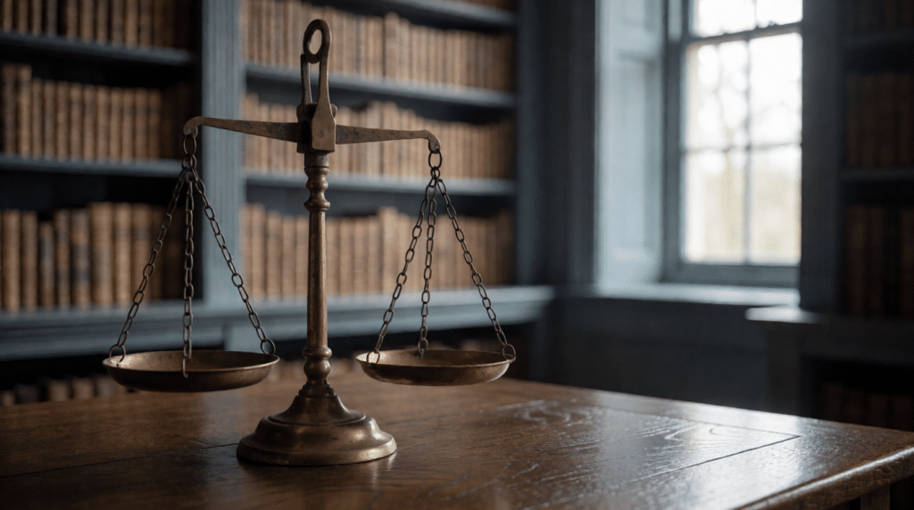 Antique brass balance scale on an oak table in a library