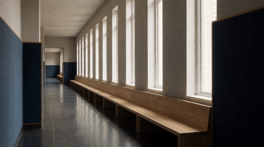 Empty corridor with wooden benches and tall windows