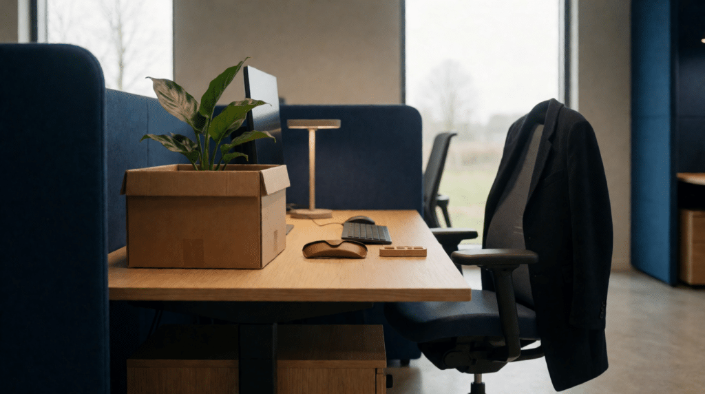 A cleared office desk with a cardboard box, a plant and a coat over the chair on an overcast day.