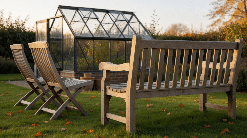 Garden bench with two folding chairs and a greenhouse in autumn sun