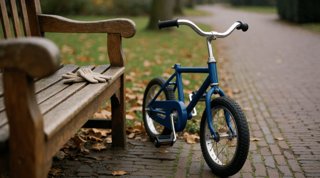 Child's bicycle and gloves on a wooden bench in an autumn park