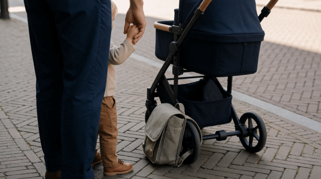 Parent's hand holding a child's hand on a pavement, with a pram