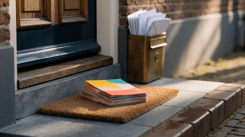 Full mailbox and flyers on the doormat of a brick terraced house