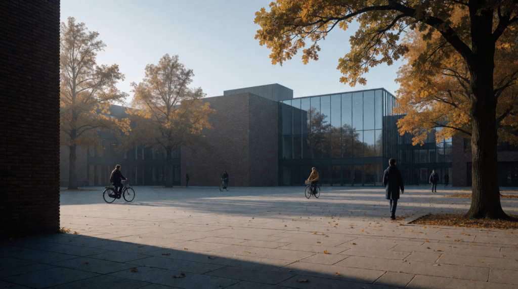 University courtyard with distant students walking and cycling in autumn