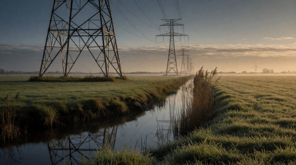 High-voltage pylons across a flat green landscape at sunrise