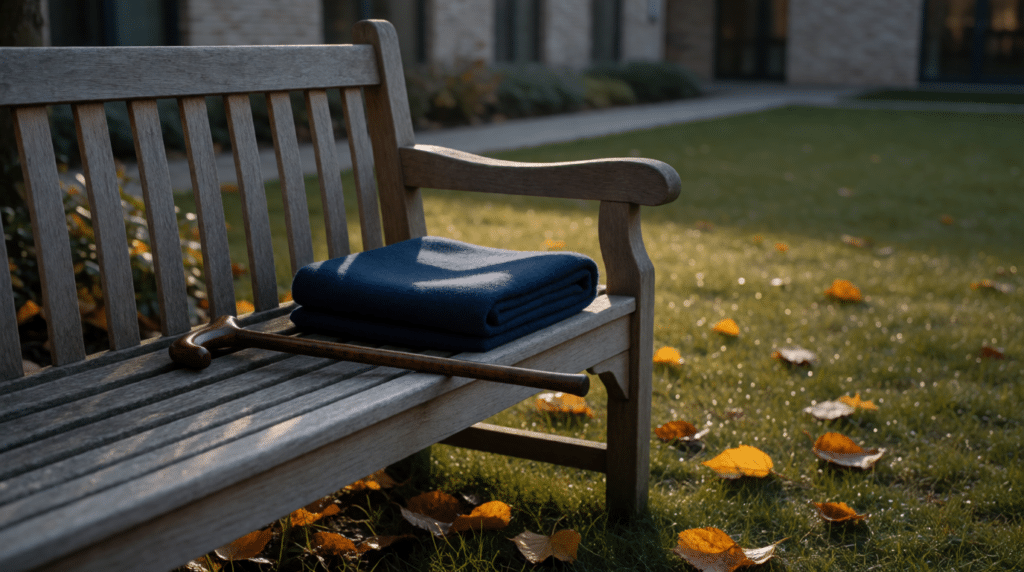 Walking cane and blanket on a garden bench at a rehabilitation centre