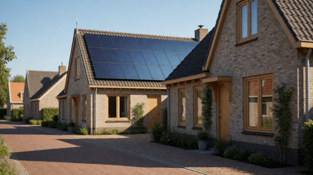Village hall with rooftop solar panels among homes in sunshine