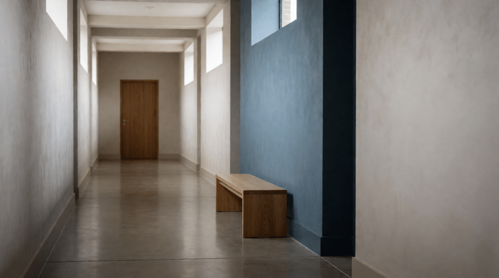 Long empty corridor with a closed door at the end and a bench