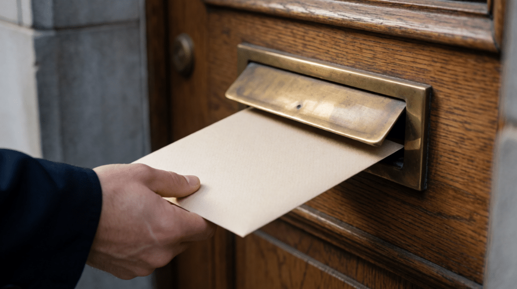 Hand pushing a thick envelope through the letterbox of a wooden door