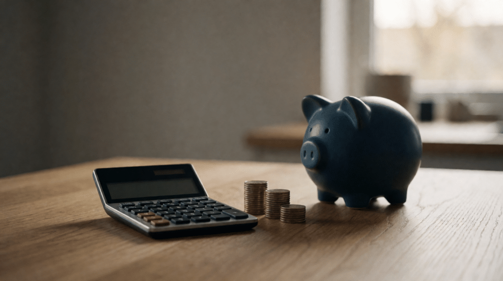 Calculator, piggy bank and coins on a wooden kitchen counter