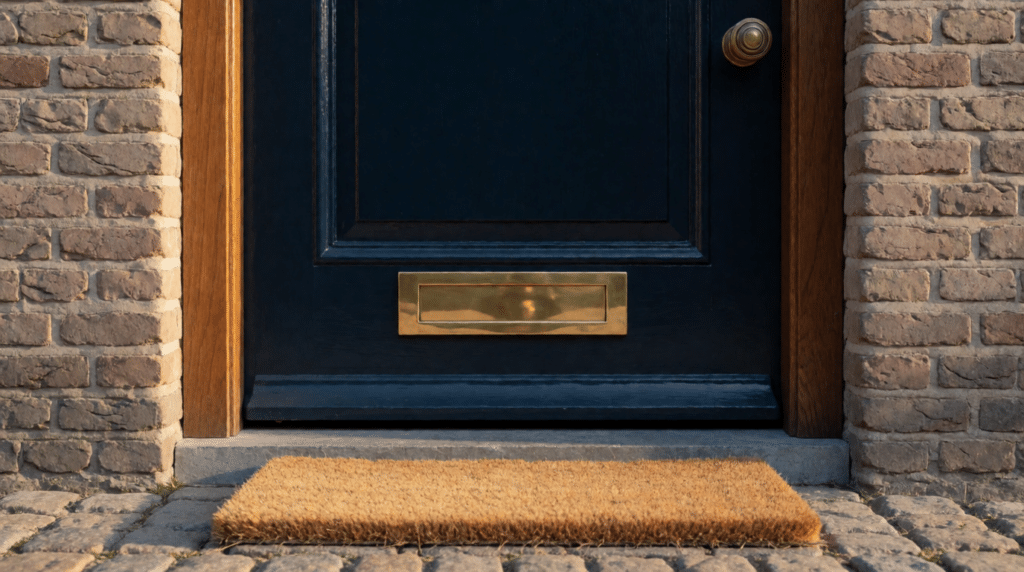Front door of a home with letterbox, doormat and a parked bicycle