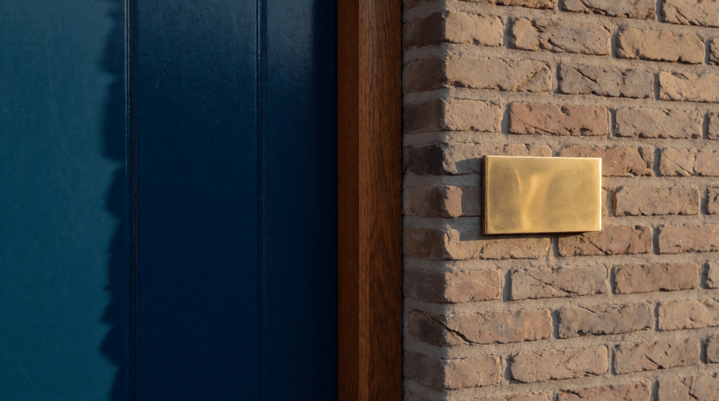 Front door with a blank brass nameplate and a child's bicycle