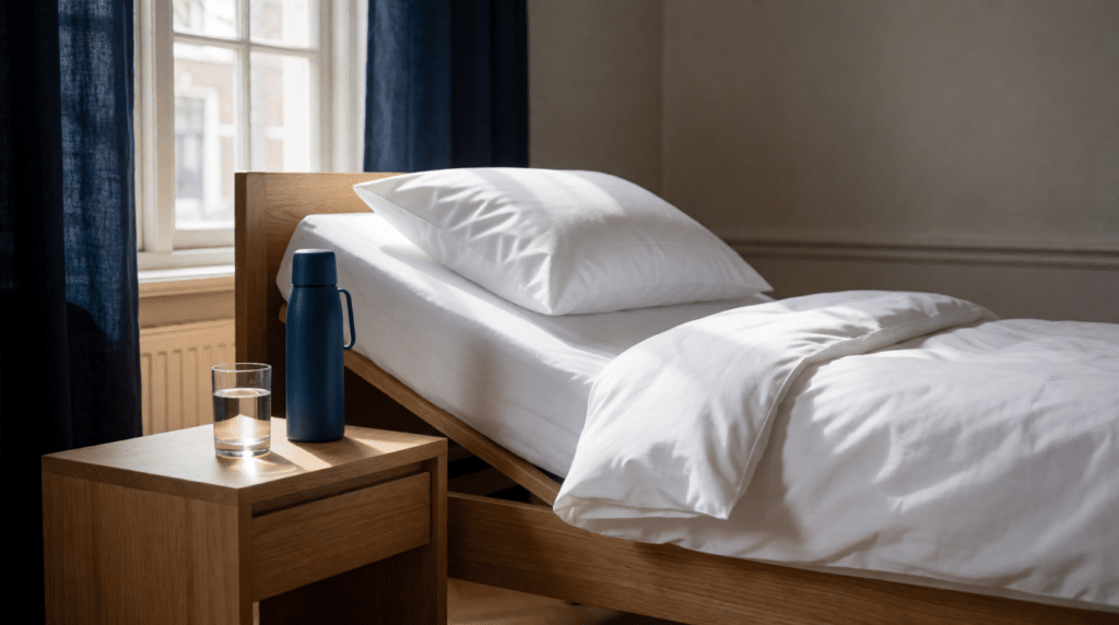 Made bed with a bedside table, glass of water and thermos in a bright room