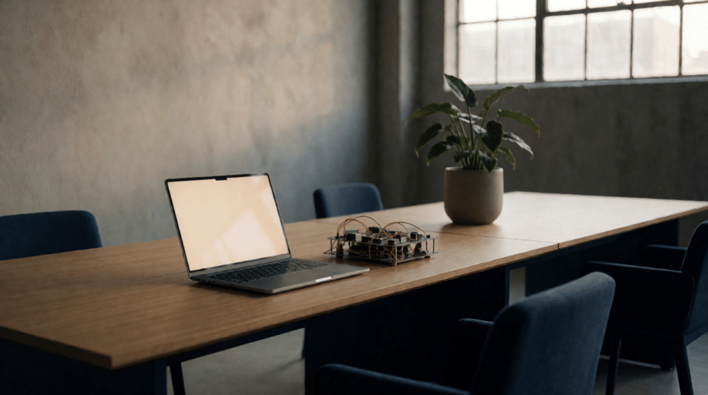 Startup workspace in a converted factory with laptop and prototype