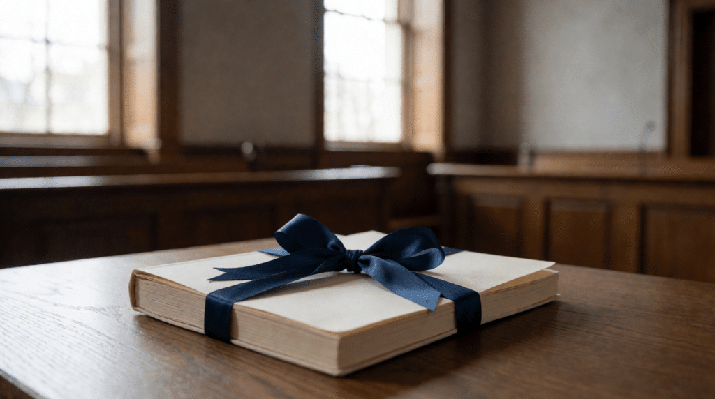 Bound legal document on a wooden table in a bright, empty courtroom with wooden benches