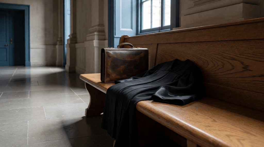 Black gown and document case on a wooden bench in a court corridor