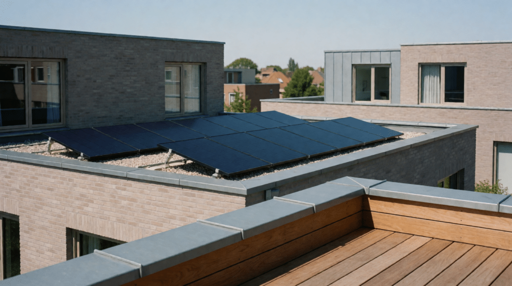 Flat roof with solar panels seen from a neighbouring roof terrace