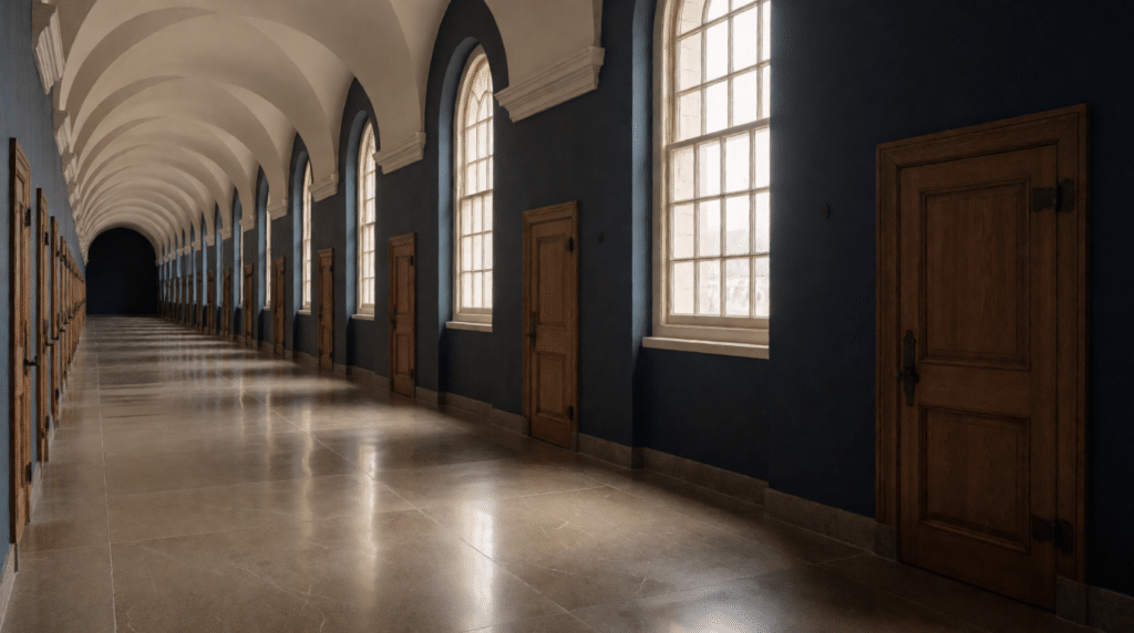 Empty corridor in an old prison building with tall arched windows and daylight on stone floor