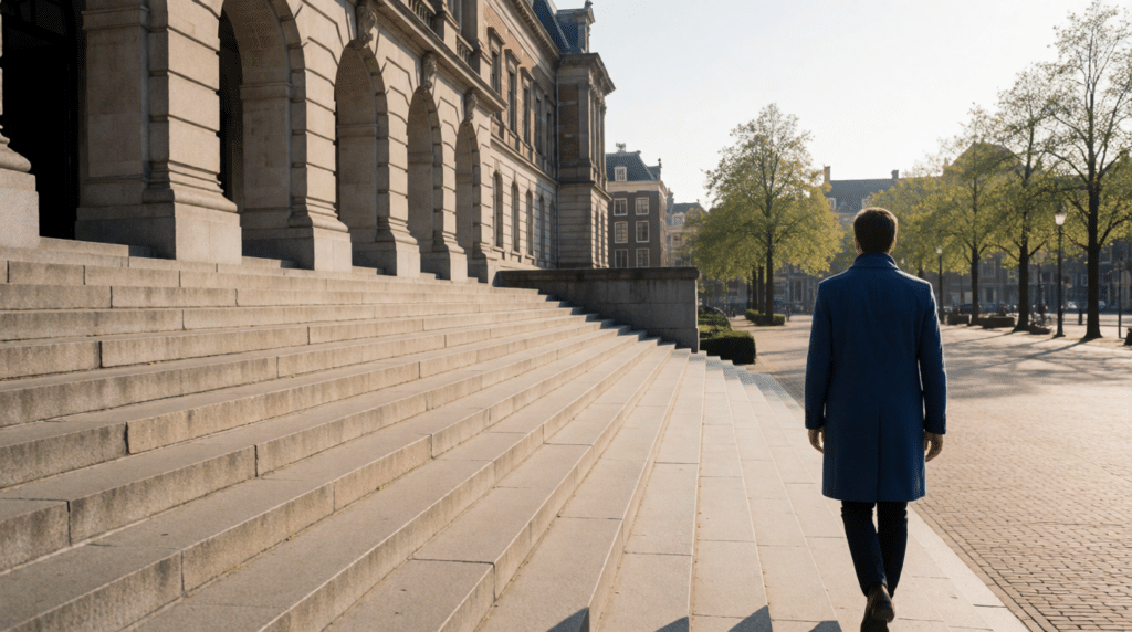 Man in a coat walking away from a stone building toward a sunlit square