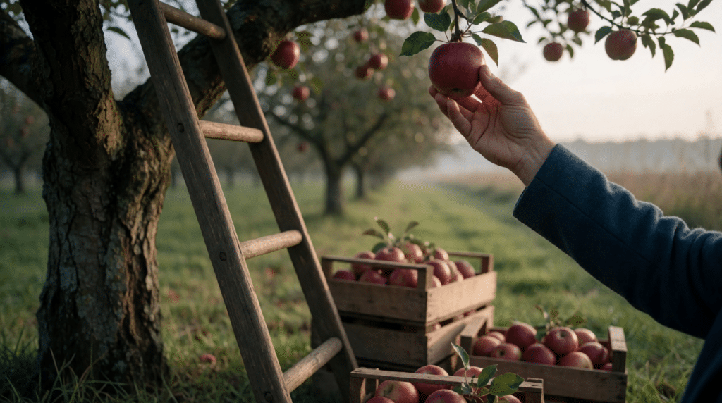 Orchard with crates of apples and a hand picking an apple