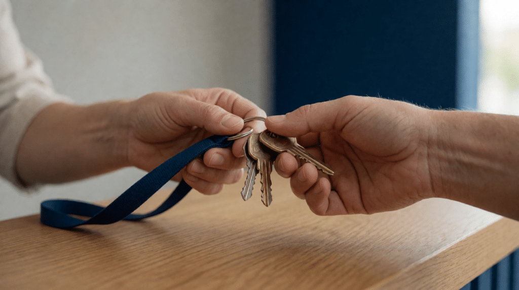 Keys on a lanyard handed across a wooden counter