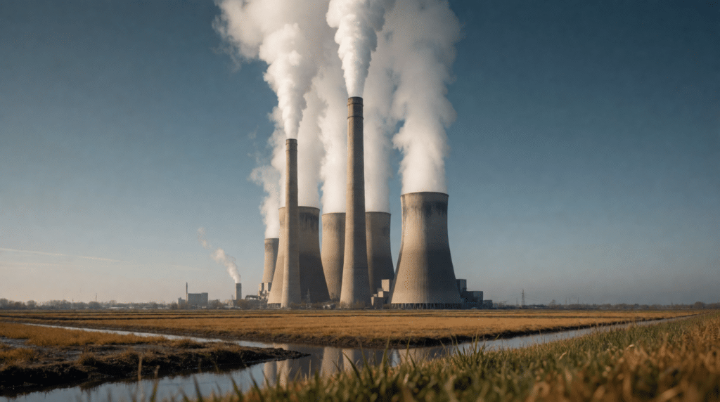 Tall chimneys with white steam above flat polder fields