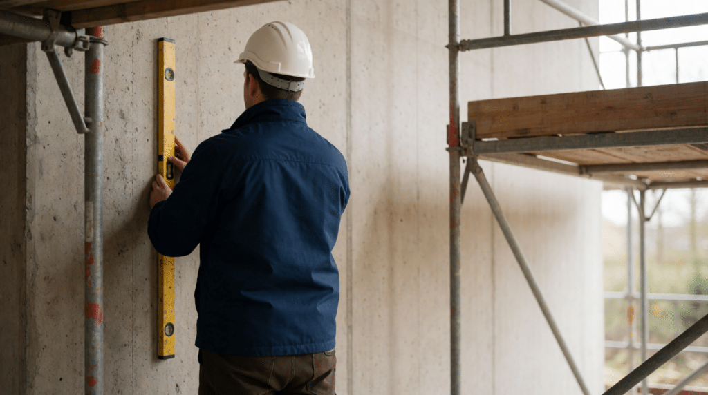 Inspector in hard hat from behind checking a concrete wall of a new house