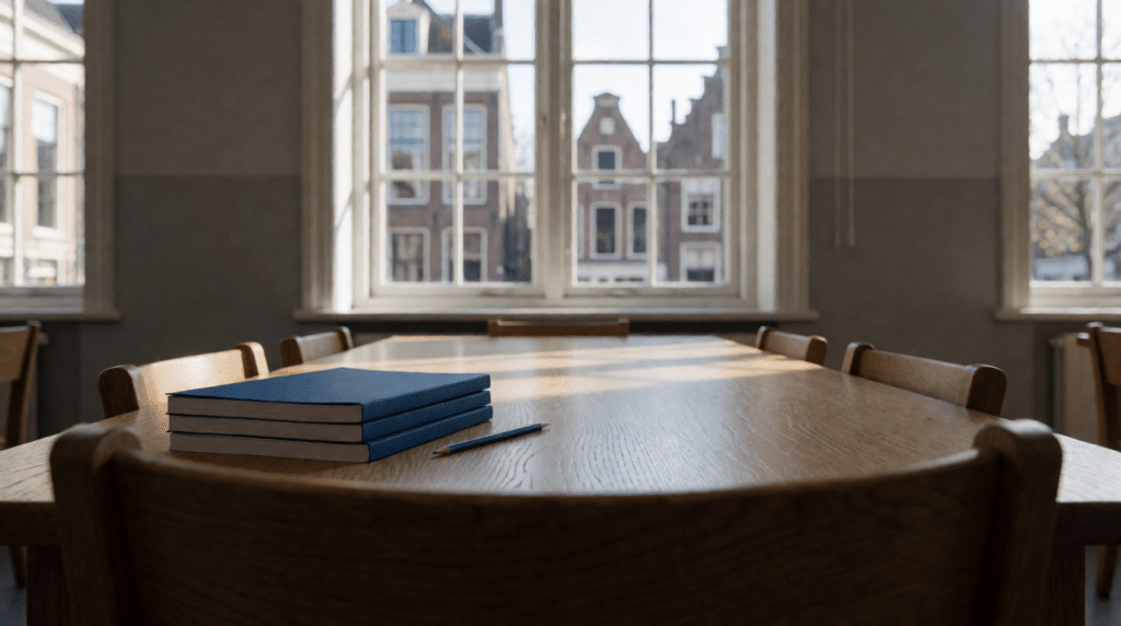 Classroom with a long table, language books and a pencil, street view