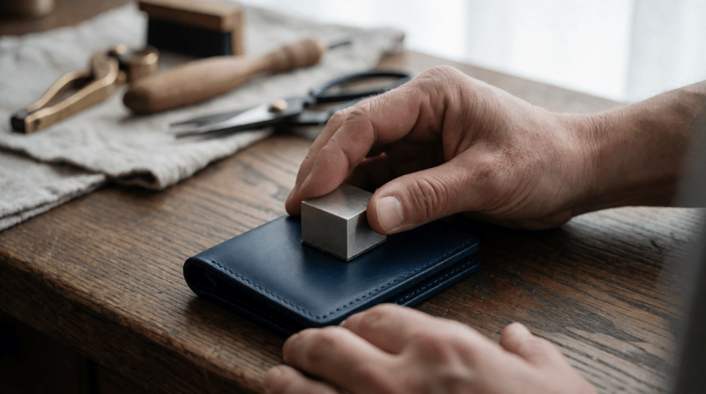 Hands pressing a metal stamp into a leather wallet on a workbench