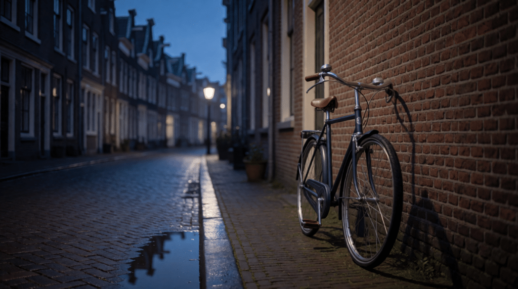 Empty street at dusk with a bicycle against a brick wall on wet cobblestones