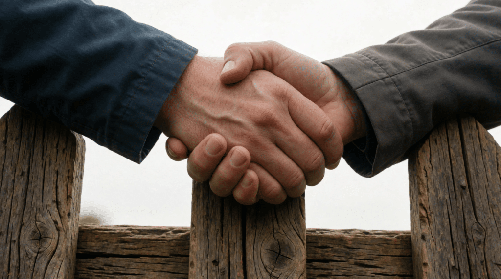 Two hands shaking over a wooden fence in a meadow