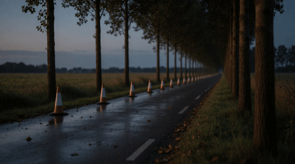 Quiet country road with poplar trees at dusk, wet asphalt and traffic cones along the verge