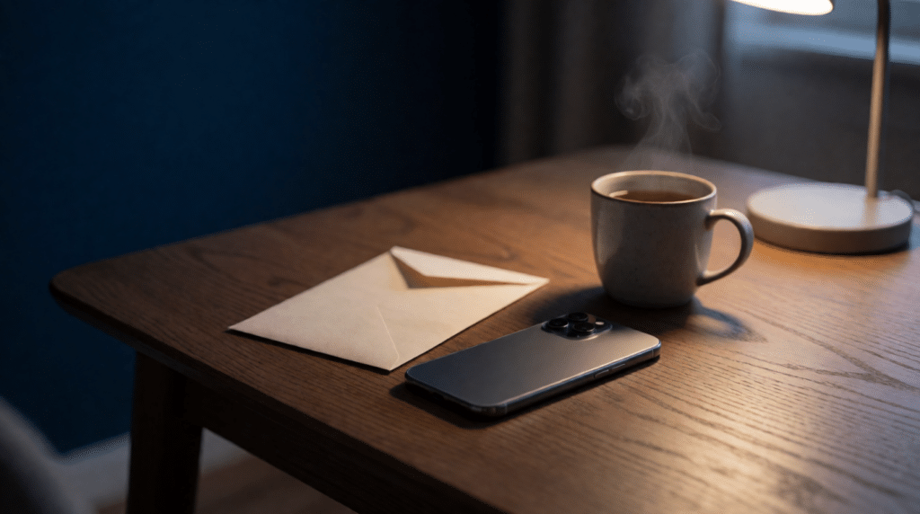 Smartphone lying face down next to a sealed envelope and a cup of tea