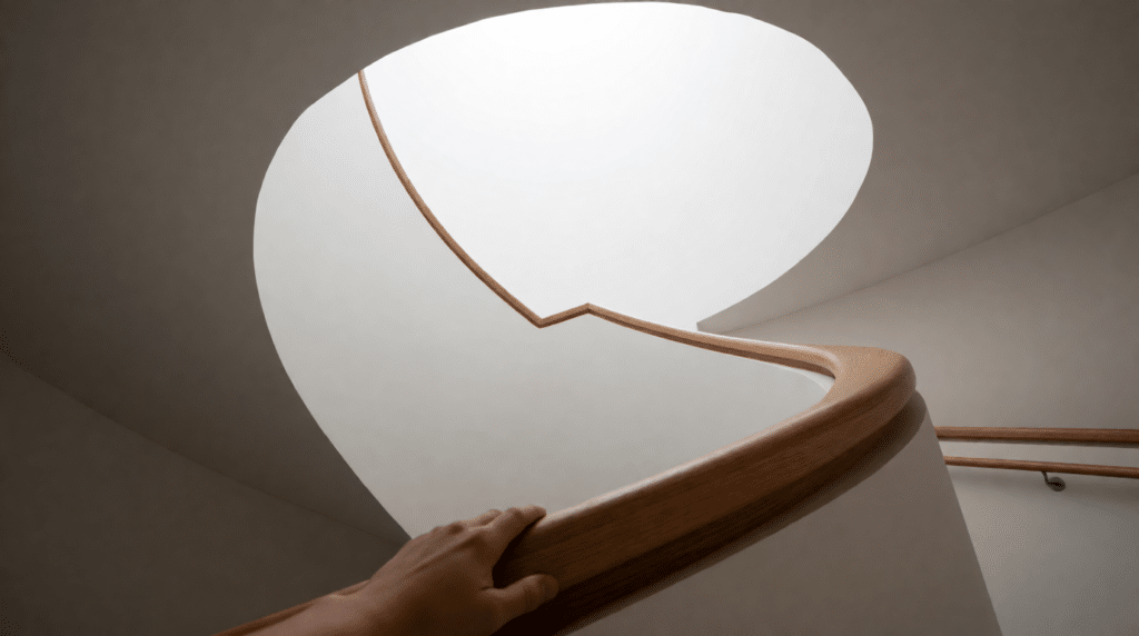 White spiral staircase in a modern building seen from below