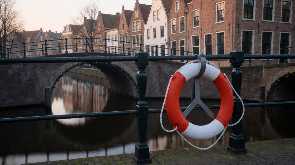 Canal bridge with a lifebuoy on the railing in early morning