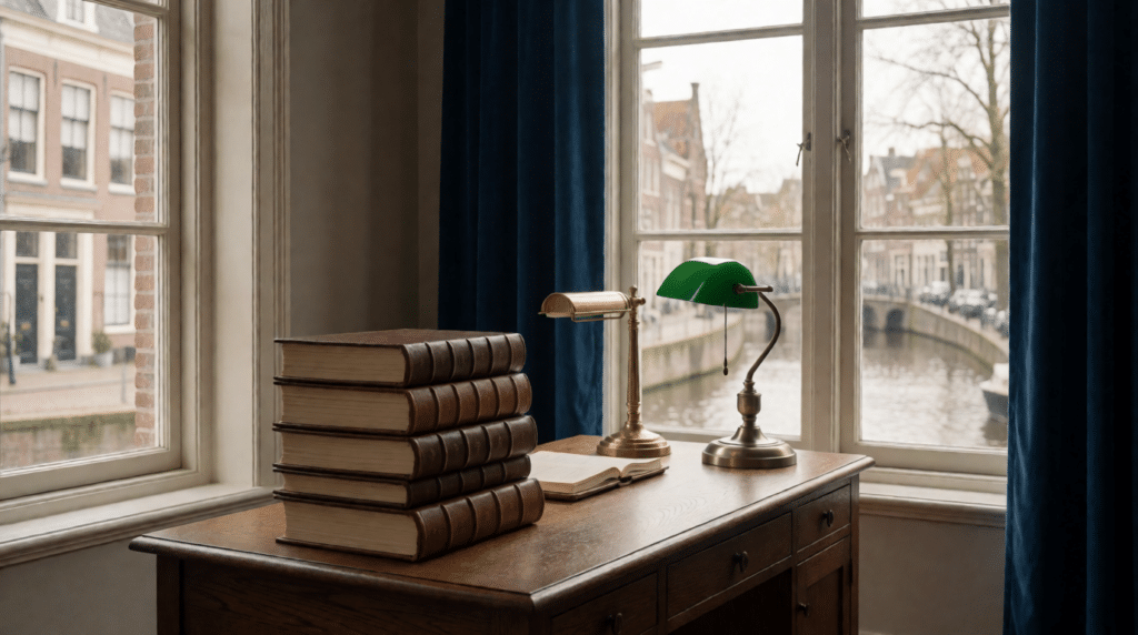 Desk with a stack of ledgers and a lamp by a canal-side window