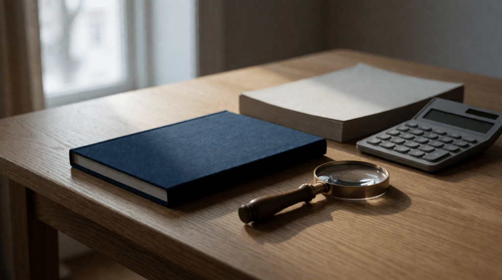 Desk with a closed ledger, calculator, a stack of invoices and a magnifying glass