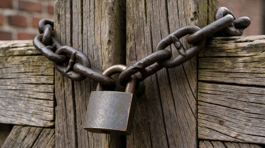 Heavy chain and padlock draped over an old wooden farmhouse gate