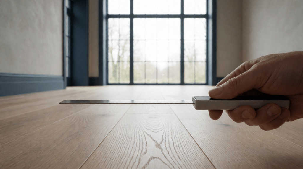 Hand holding a tape measure across a bright empty room