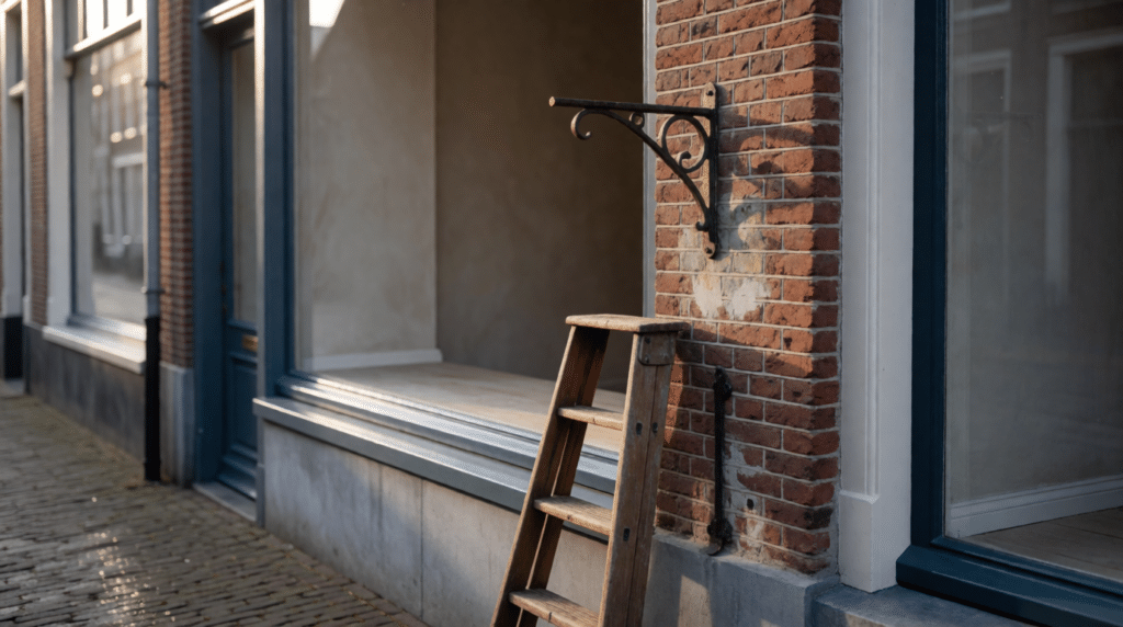 Brick wall with a removed sign bracket and a wooden ladder